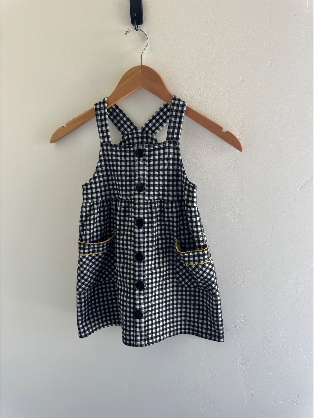 Sweet Heart Rose Girls Black White Gingham Jumper Dress Button Front Pockets